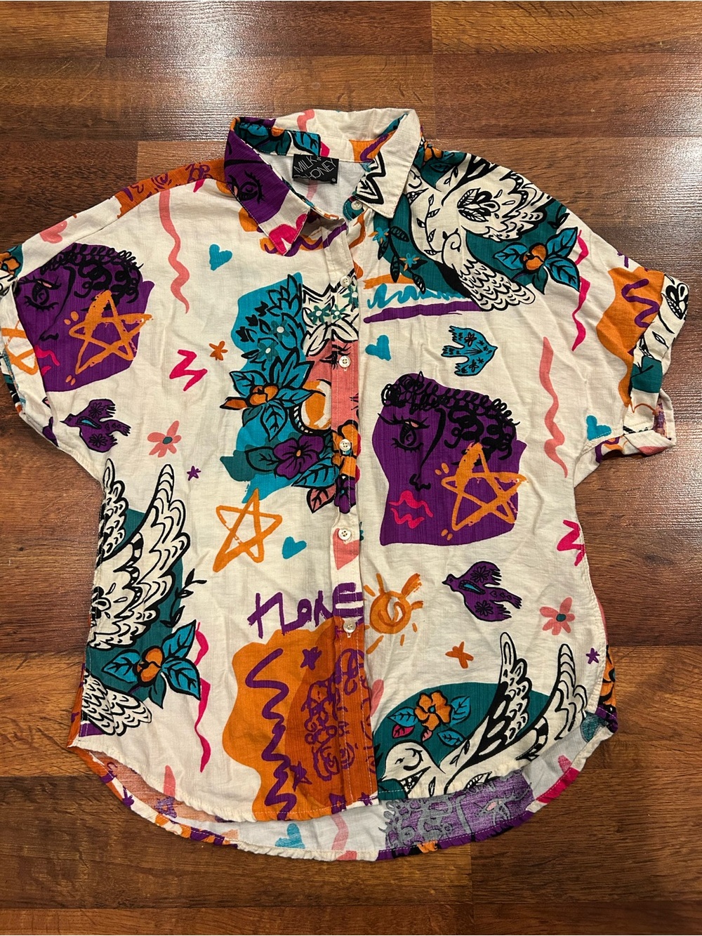 Milk & Honey Artistic Graphic Short Sleeve Button Down Shirt Size Medium
